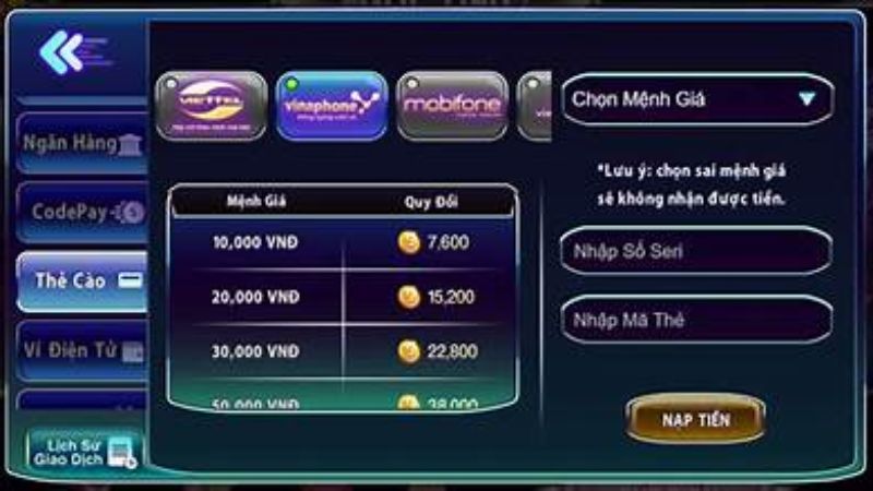 789club chấp nhận hình thức nạp tiền qua thẻ cào